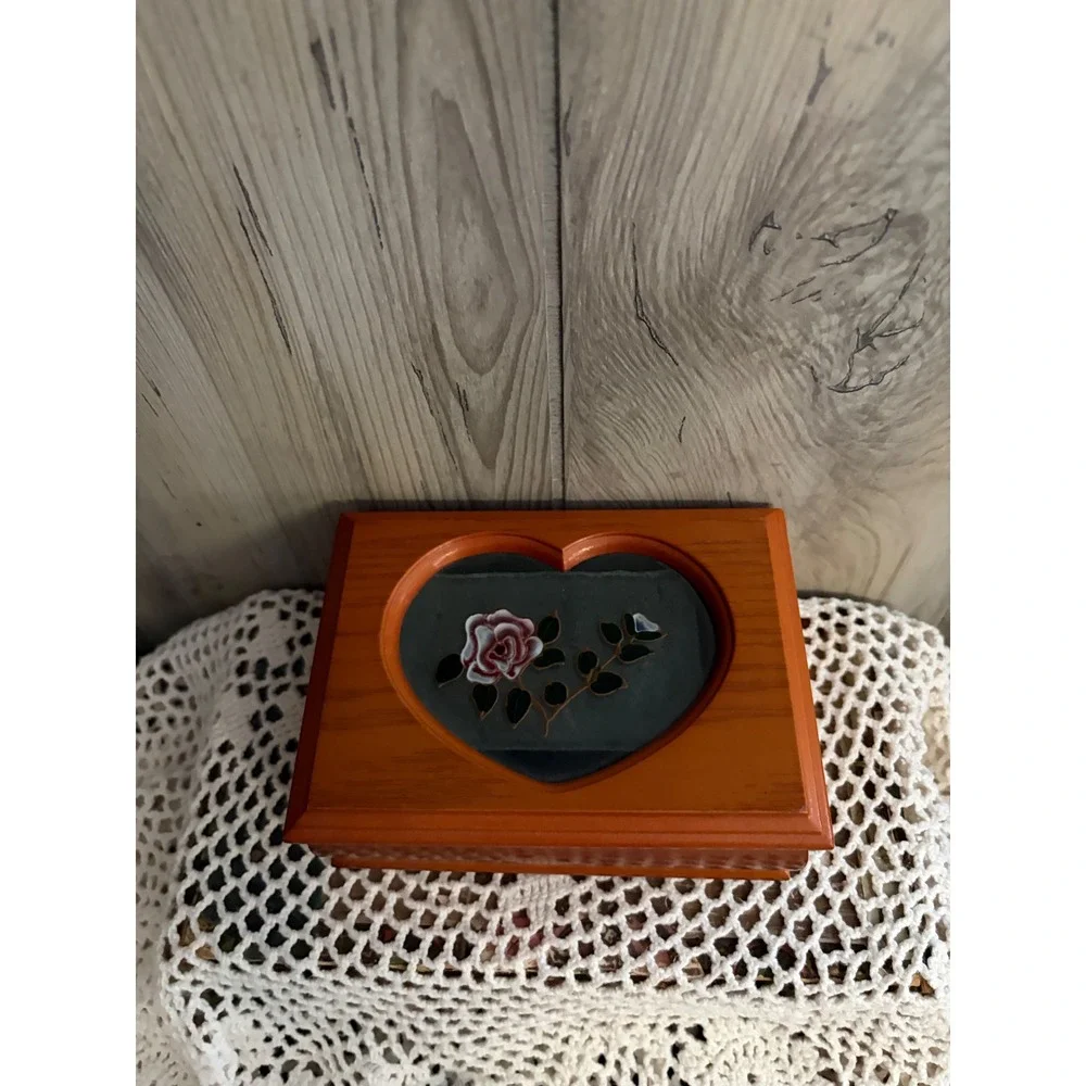 Vintage Wooden Heart Rose Jewelry Box Glass Lid Green Velvet Lining